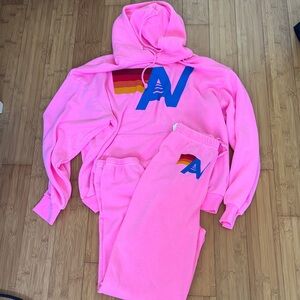 Aviator Nation Neon Pink hoodie and sweatpants set.